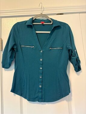 Guess Teal Button-Front Collared Shirt with Zip Chest Pockets